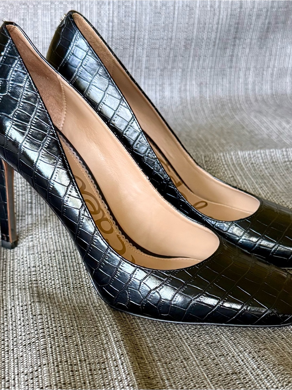 Sam Edelman Black Croc-Embossed Square Toe Pumps - Picture 2 of 8